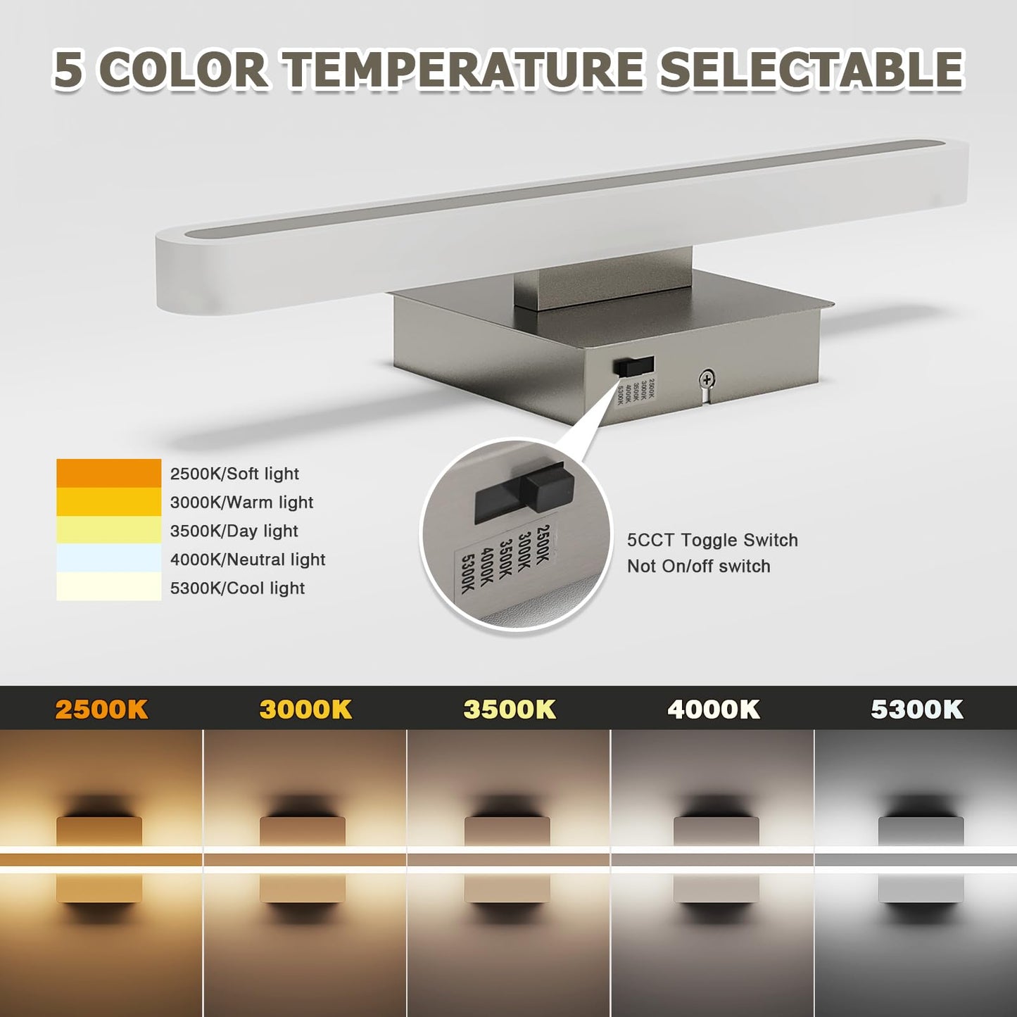 Joosenhouse 15.7 Inch Brushed Nickel Vanity Light For Bathroom - 5Cct Dimmable Led Light Bar  16W Hardwired Mirror Light  Adjustable Brightness  Modern Bathroom Lighting