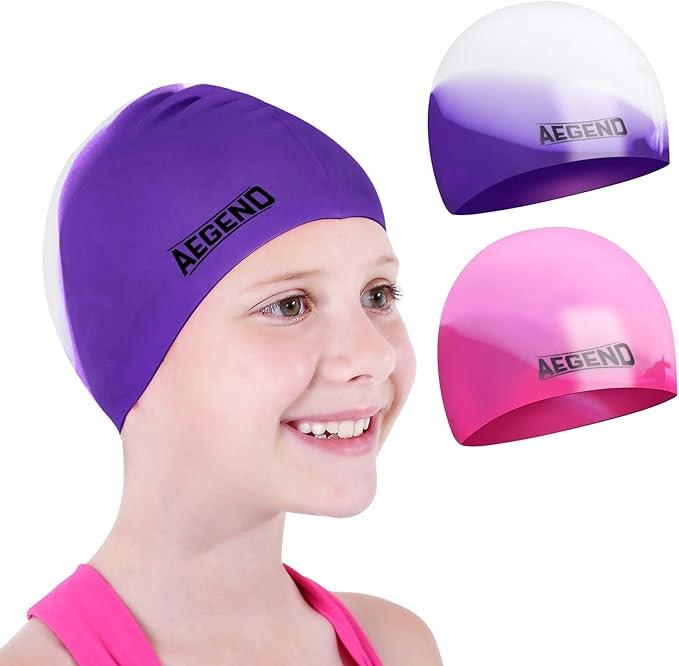 Aegend 2 Pack Kids Swim Cap for Girls Boys Age 3-15, Waterproof Durable Silicone Swimming Cap for Long or Short Hair, Comf...