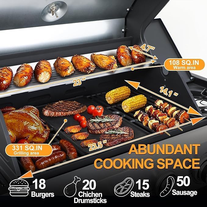 4-Burner Propane Gas Grill With Side Burner, 34,200 BTU Outdoor BBQ Grill with Stainless Steel Warming Rack & Enameled Cooking Grids – Foldable Side Tables, Built-in Thermometer – Heavy-Duty 6" Wheels