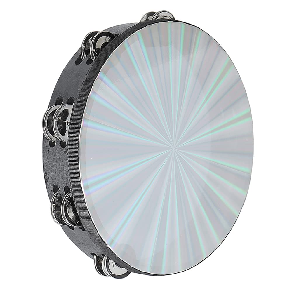 Musfunny Radiant Tambourine 10 inch for Adults 2-Row Jingles Bell Reflective Tambourines Hand Held Drum Musical Instrument for K