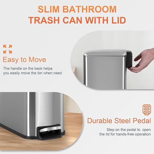 PayLessHere 1.3 Gallon Trash Can Kitchen Trash Can Stainless Steel Garbage Can with Removable Plastic Inner Bucket Lid Foot Pedal for Home Kitchen Bedroom Bathroom (1, Stainless Steel)