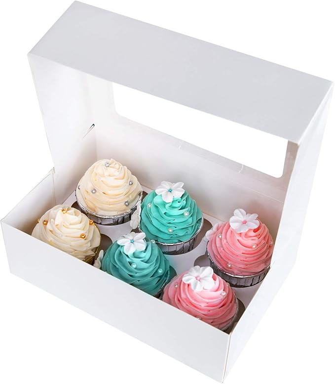 ONE MORE Cupcake Boxes with Inserts 6 Holders,9.5x6.3x3inch Large White Standard Bakery Boxes with Window Food Grade Cake Carrier Container for Muffins,Gift Treat Box Bulk,Pack of 15