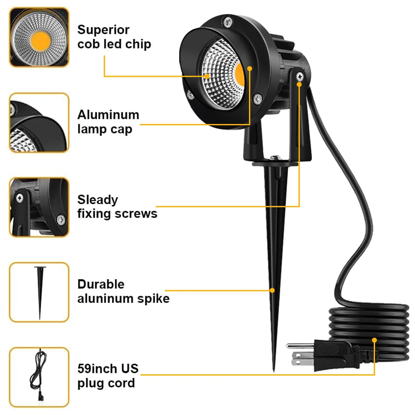 Romwish Led Landscape Lights, 10W Waterproof Spotlight, Warm White, Pack Of 6, Aluminum, Model Rm-Cob-Landscape-120V-10Ww-6P