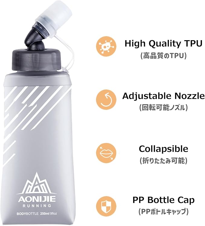 Azarxis TPU Soft Flask Folding Collapsible Water Bottles BPA-Free for Hydration Pack - Ideal Trail Running Hiking Cycling Climbing (500ml/16.91oz - 2 Pack)