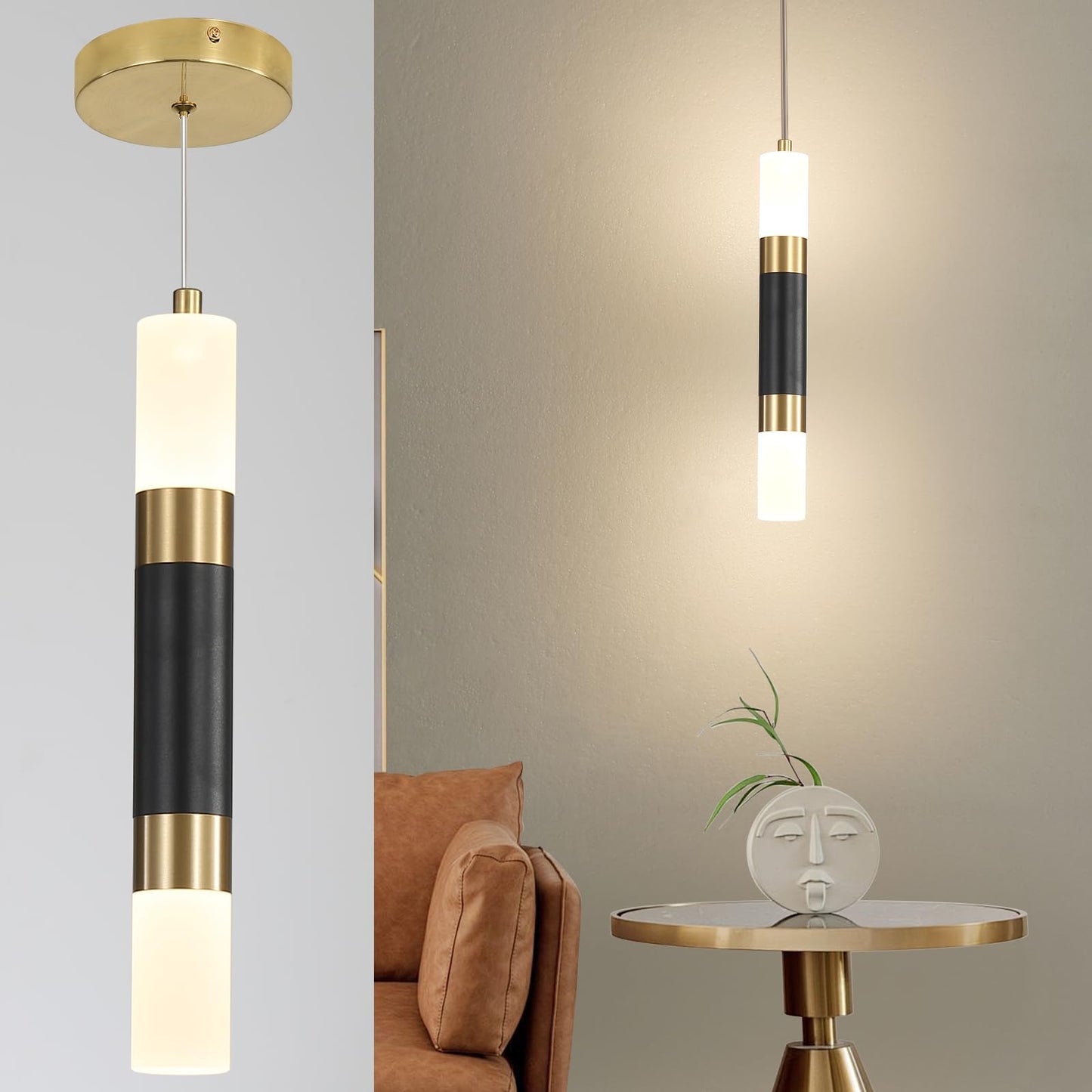 Modern Kitchen Island Pendant Light Fixtures  Black And Gold Led Ceiling Hanging Lights  3 Color 2700K/4500K/6500K  Over Table Mini Linear Acrylic Pendant Lighting For Dining Room  Bedside  Bar