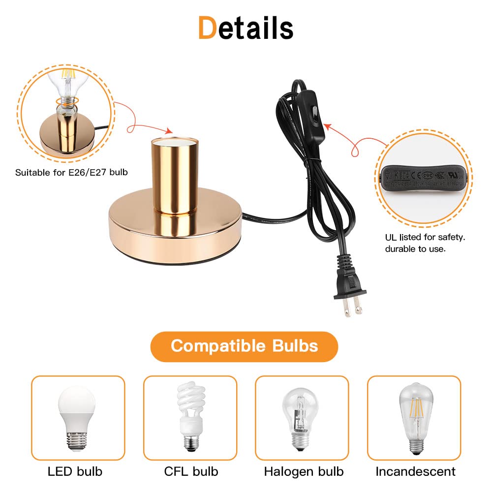 Helunsi Industrial Table Lamp Base, Gold Metal E26 E27, Short Desk Lamp with 5.8ft Cord, Model E507234
