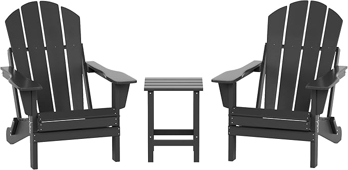 WO Home Furniture Adirondack Chairs Table Set of 3 PCS Outdoor Folding Chairs Side End Table Weather/UV Resistant for Lawn, Garden, Bon Fire, Balcony (Grey)