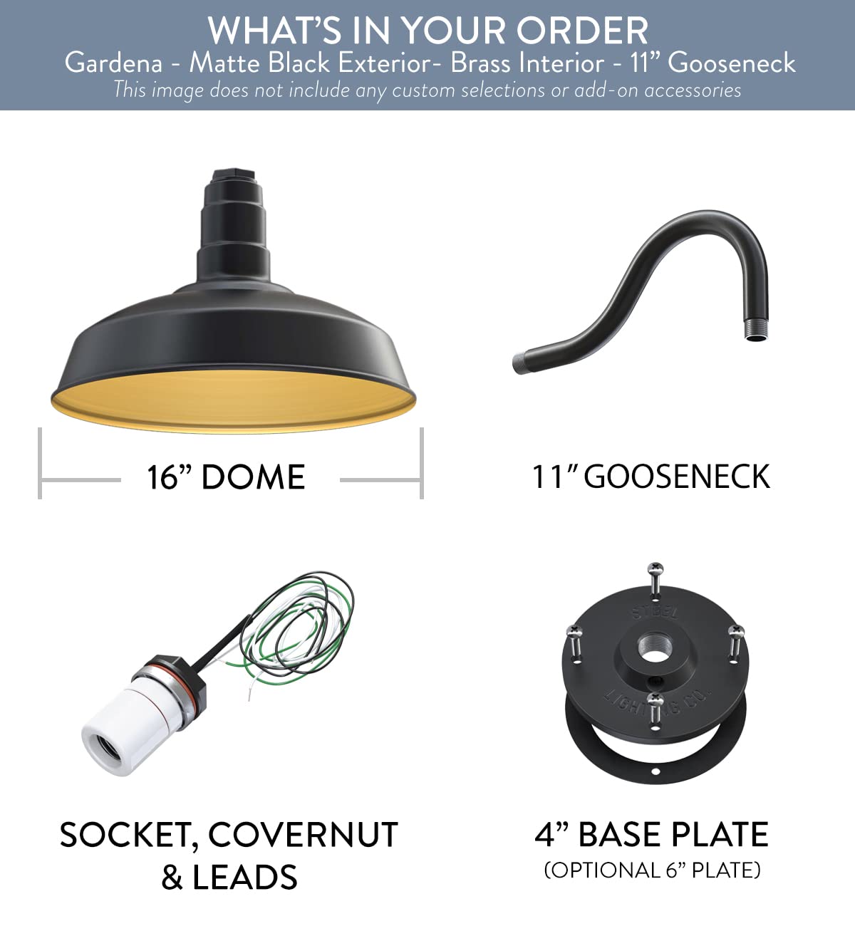 Steel Lighting Co. Gardena Barn Light - 16 Dome Outdoor Wall Mount, 11 Gooseneck, Matte Black/Brass, Made In America