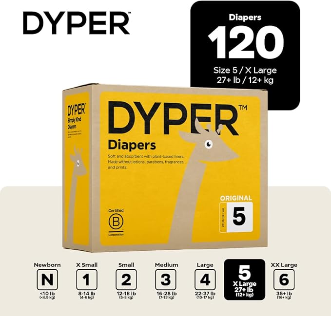 DYPER Baby Diapers Size 5 (120 Count) – Plant-Based, Hypoallergenic, Fragrance-Free & Ultra Absorbent Disposable Diapers for Day and Overnight Skin Protection, Value Pack Size 5 Diapers