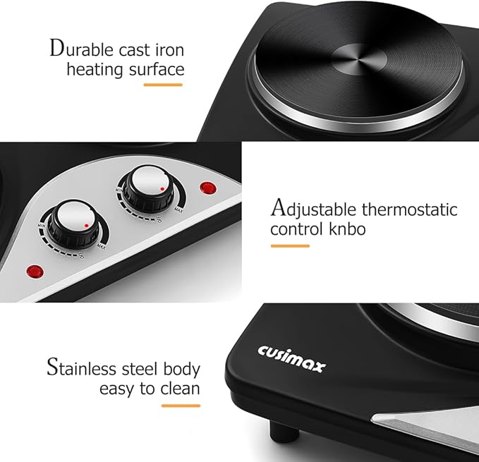 Hot Plate, CUSIMAX Electric Burners for Cooking, 1800W Double Burner, Hot Plates for Countertop Burner, Portable Cast Iron Hot Plates with Dual Adjustable Temperature, Easy to Clean
