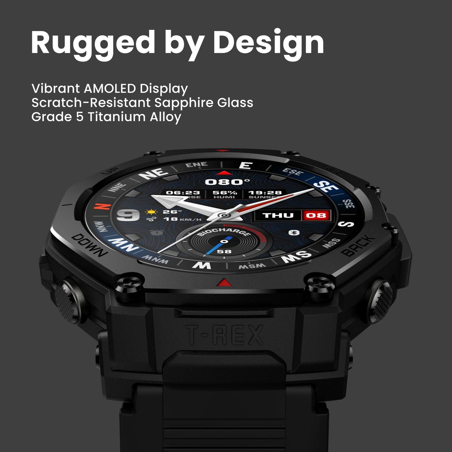 Amazfit T-Rex 3 Pro Outdoor Smart Watch 48mm Sapphire AMOLED Display, Ti Bezel, Dual Band GPS, Offline Maps, 25 Days Battery, Built-in Flashlight, 10 ATM, 180+ Sports Mode for Android & iPhone, Black