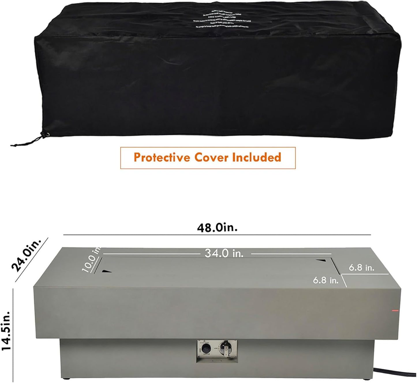 48-inch Fire Table with 20lb Propane Tank Cover, 50,000BTU Outdoor Modern Patio Fire Pit Table w/Rectangular Burner Lid, Glass Rocks, Pre-Attached 10ft External Gas Hose