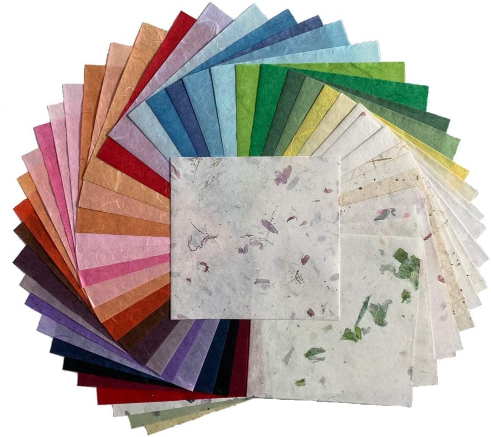 50 Sheets 6 x 6 Inches Natural Fiber Mulberry paper Sheets Square Origami Paper Arts Folding Craft, Decoration Paper, Square Folding Paper for DIY Crafts (Mixed Colors Rice Straw etc.,, 6 x 6)