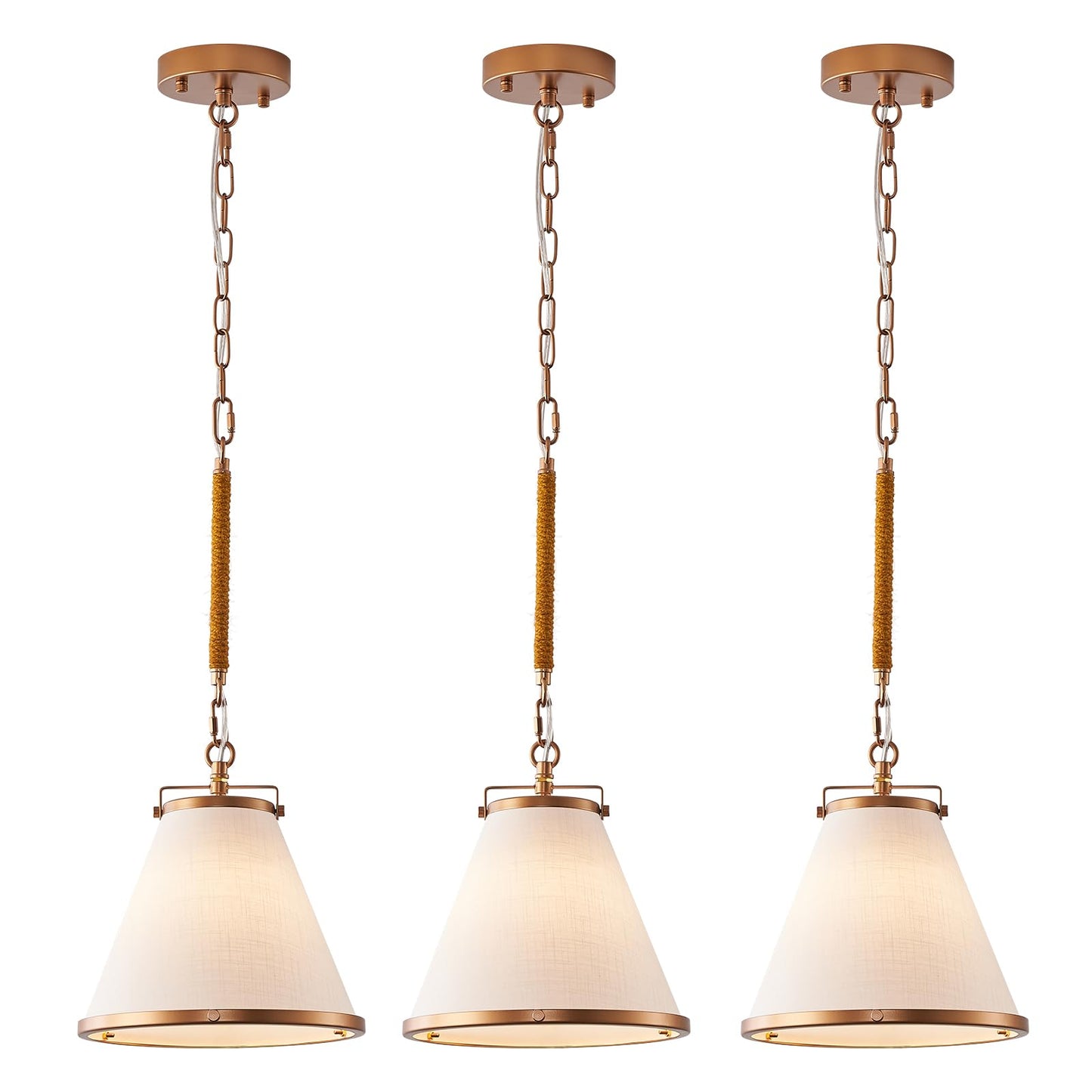 Fookchak 3-Pack Vintage Brass Kitchen Pendant Lighting Over Island White Linen Pendant Light 10In Copper Pendant Lighting With Hemp Rope Rod Entryway Ceiling Hanging Light For Dining Room