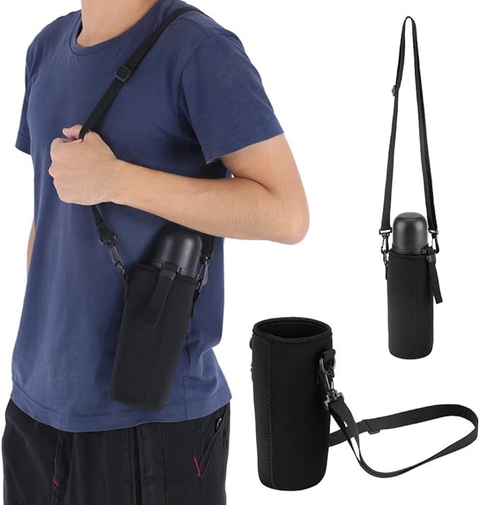 Dioche Water Bottle Sleeve with Strap, Soft Water Bottle Carrying Pouch, Drink Bottle Holder Bag for Outdoor Camping Hiking Fishing(15cm-Black)