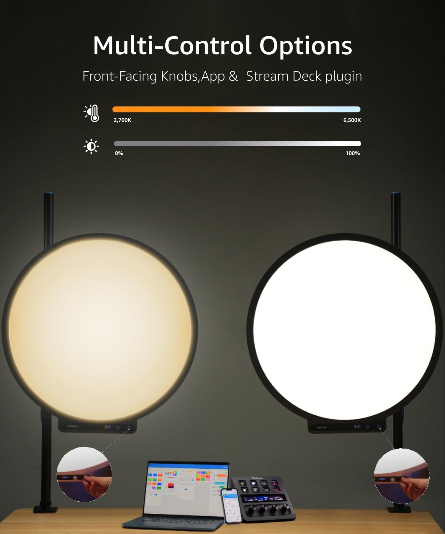 amaran Verge Max LED Video Light,60W Bi-Color 22in Circular Edge-lit Panel Light,APP Control with Desk Clamp Stand Dimmable Desk Light for Home Office, Gaming, Podcast, Live Streaming (Charcoal)