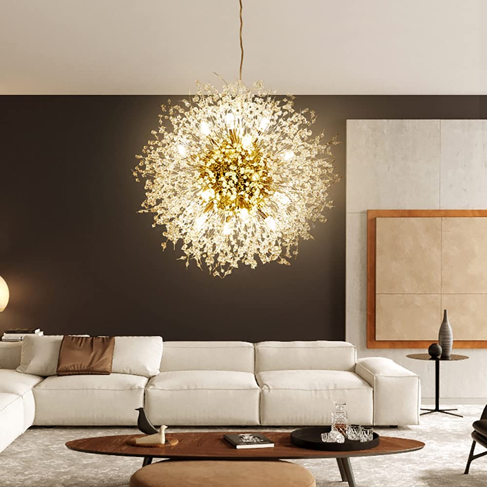 Qamra 16-Light Modern Crystal Gold Sputnik Chandelier, Firework Dandelion Pendant Light For Dining Room, Bedroom, Kitchen, Living Room