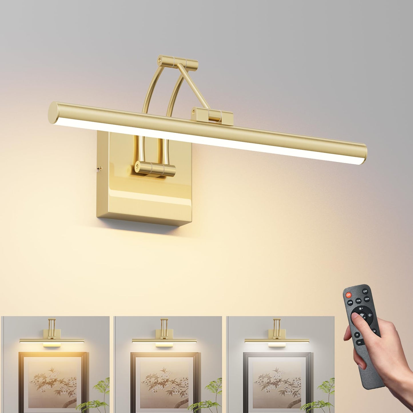 Tipace Hardwired Picture Light - 15.7in Dimmable Gold LED Wall Art Lighting, Model 9892, Aluminum & Acrylic