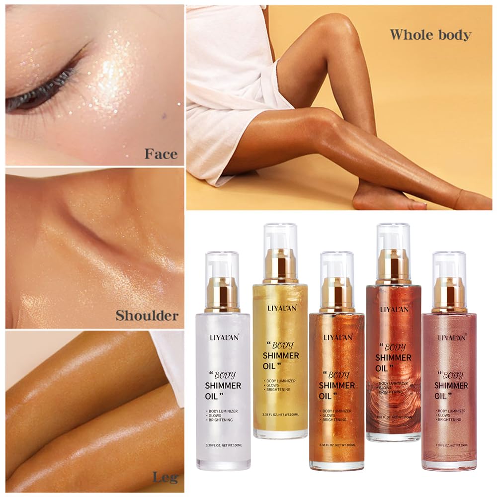Liyalan Shimmer Body Oil Golden Brown 5 Color Bronze Face Glow Pearl Highlighter Illuminator Body Makeup Shine Glitter Gold Liquid Taning(3.38 Fl Oz/#04)
