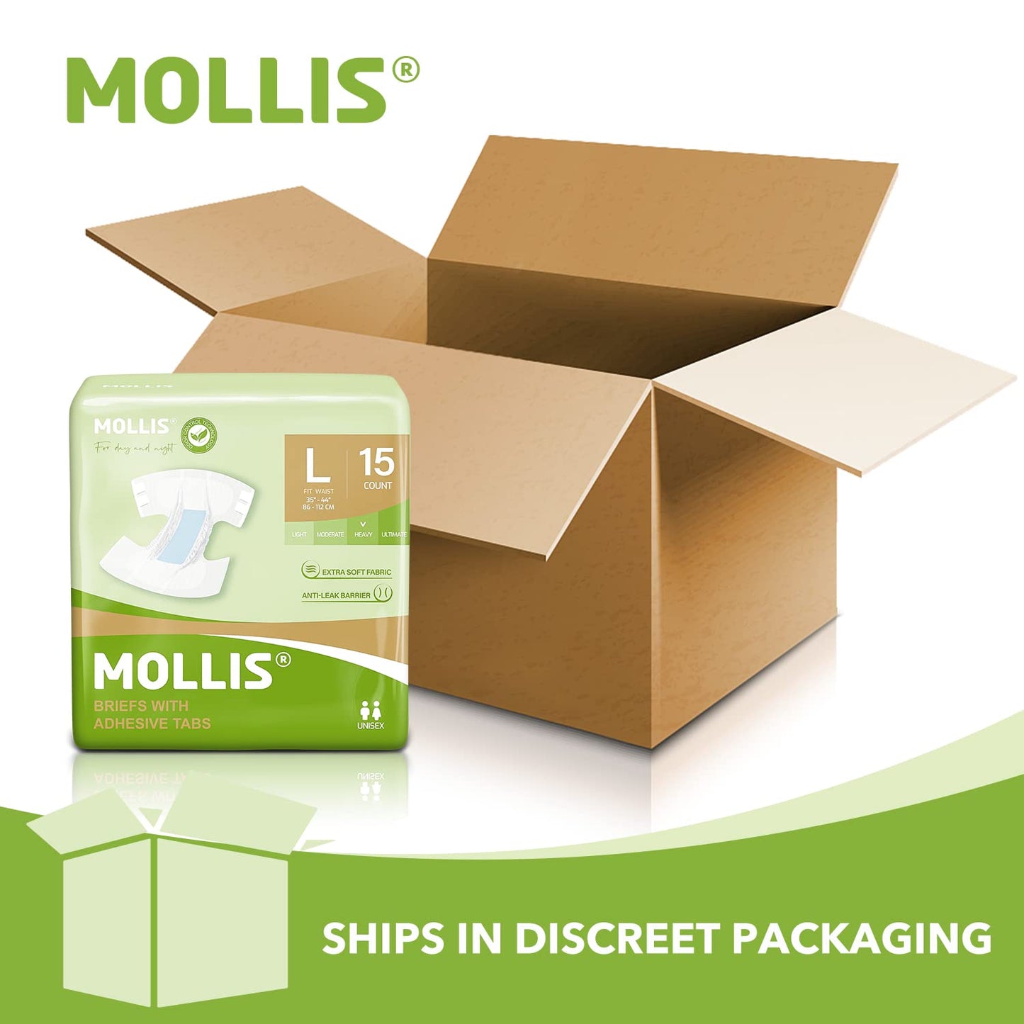 MOLLIS Adult Diapers for Women and Men, Unisex Disposable Incontinence Briefs with Tabs, Odor Control, Large, 15 Count