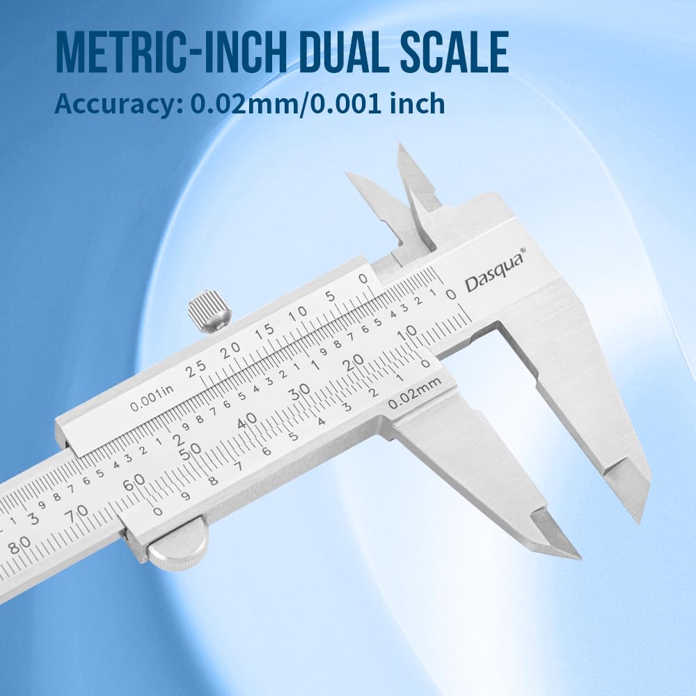 Dasqua Left-Handed 0-6"/0-150mm Monoblock Vernier Caliper Stainless Steel, Dual Unit (in/mm), High Precision with Fine Adjustment, Accuracy ±0.0015"/0.03mm, Graduation: 0.001"/0.02mm