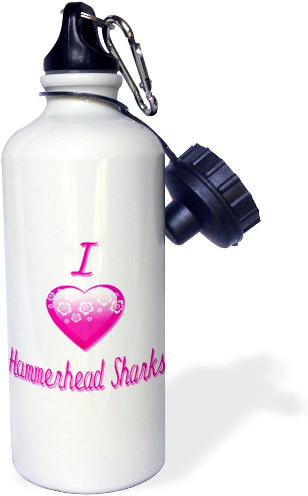 3dRose "Pretty Pink Flowery I Love Hammerhead Sharks" Sports Water Bottle, 21 oz, White