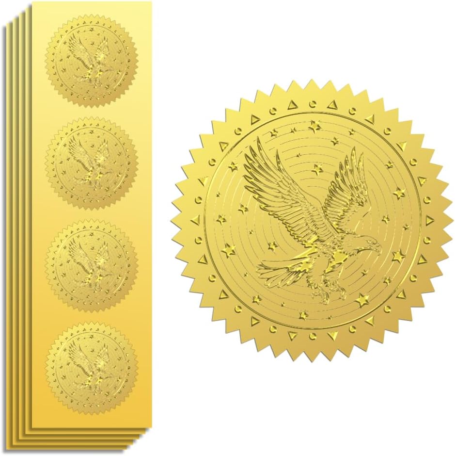 Peacoblue Gold Foil Stickers Seals Embossed 2 Inch 100Pcs Eagle, Self Adhesive Gold Around Embossing Stickers for Envelope Seals, Gift Decor, Certificate Paper, Birthday Party Invitation