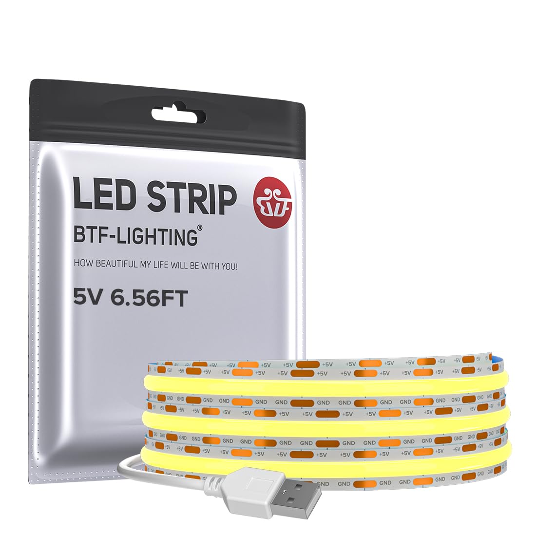 Btf-Lighting Fcob Usb Powered Cool White 6000K Cob Led Strip Lights 6.56Ft 640Leds 5V 8Mm Width 90+ High Cri Ultra Bright Flexible Light For 3D Printer Tv Backlight Display Cabinet Pc Diy Decor