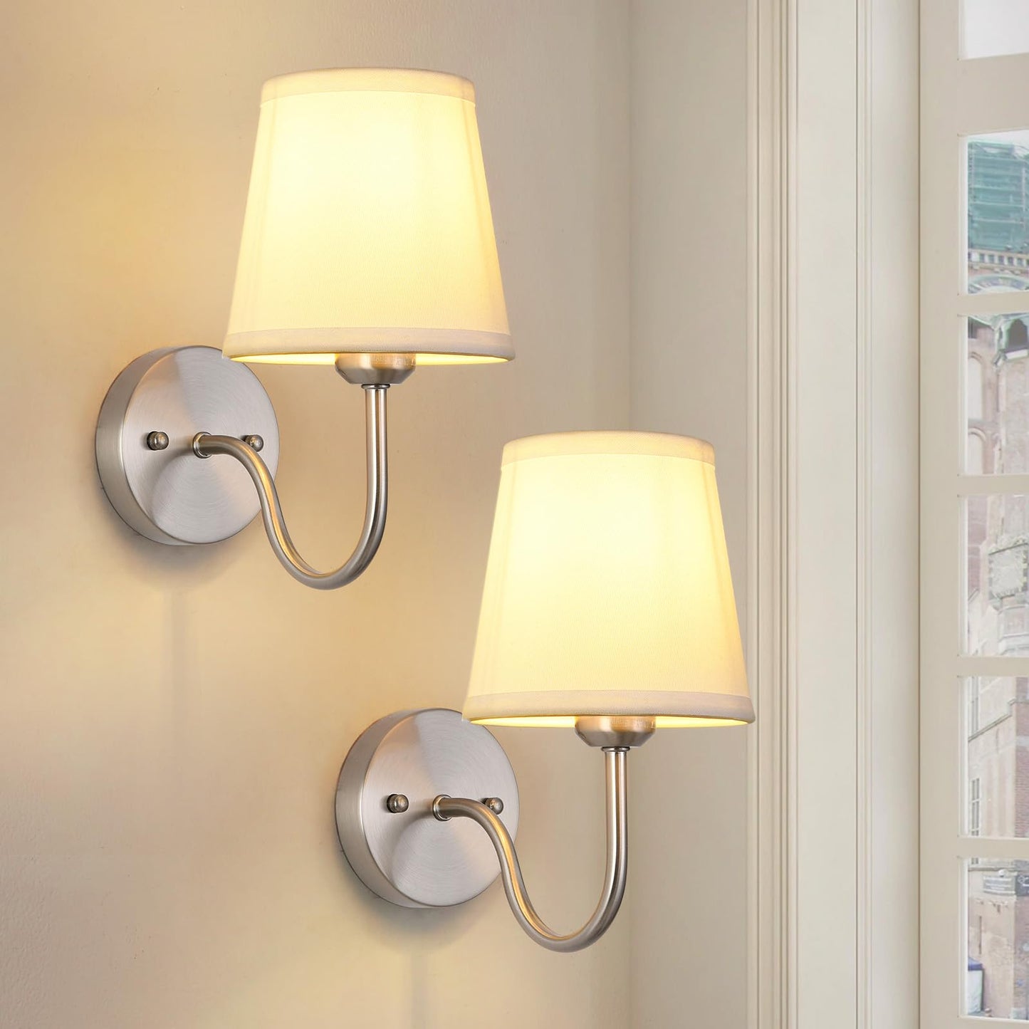 Smeike Wall Sconce Set Of 2  Brushed Nickel Bathroom Vanity Sconces Wall Lighting  Indoor Wall Lights With Light Beige Fabric Shades  Wall Mounted Lamps For Bedroom Living Room Hallway
