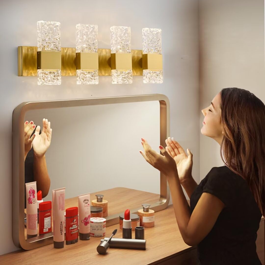 OYLYW Vanity Lights Fixtures for Bathroom, 4 Lights, Dimmable, Brushed Gold, Stainless Steel, Model JQ1428-4TG