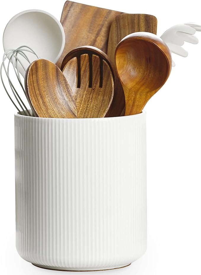 getstar Extra Large Kitchen Utensil Holder for Kitchen Counter (H7.2” x W6.2”), Ceramic Cooking Utensil Holder with Cork Mat (White, Large(7.2"))