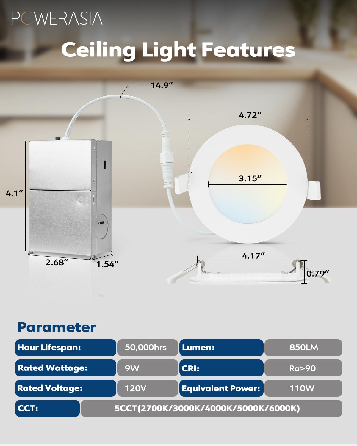 POWERASIA 12 Pack LED Recessed Ceiling Light 4 Inch 5000K Dimmable Cool White Aluminum Model 12P4IN-5000K
