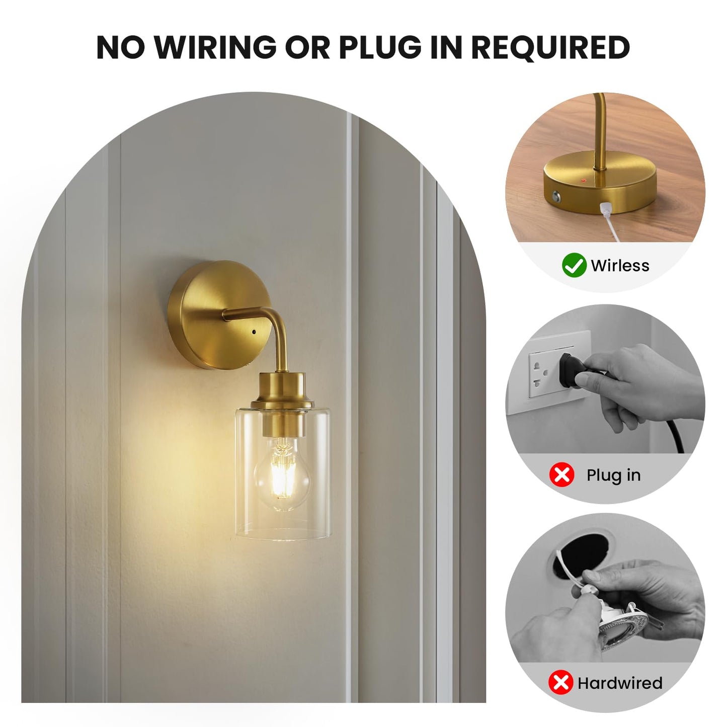 Epinl Battery Operated Wall Sconce Set of 2 - Dimmable Wireless Gold Glass Lights, Model 8210, Cordless Rechargeable for Home