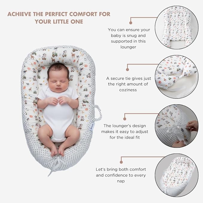 TKC Baby Lounger 0-24 Months | Adjustable Infant Lounger | Breathable Organic Cotton Cover | Reversible Farm Animal Pattern | Includes Matching Swaddle Blanket | Portable Baby Nest