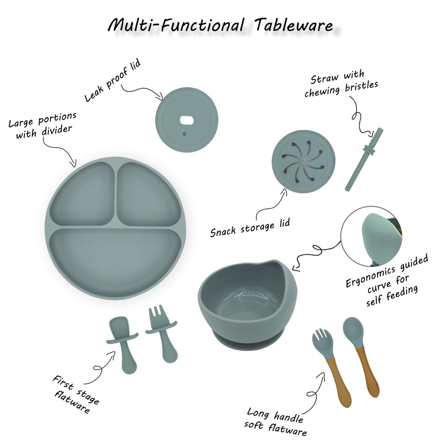 kitchengoodsdude Baby Silicone Feeding Set, 16 PCS, Toddler Led Weaning Utensils Sets with Suction Bowl and Plate, Set of Baby Spoons and Forks, Adjustable Bid, Sippy Cup with Straw and Lids Seal Gray