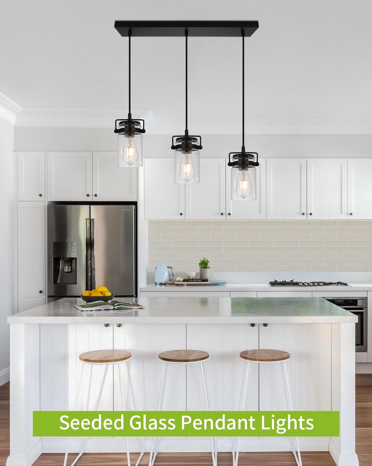 Foucasal Kitchen Pendant Lighting Over Island Pendant Lights With Seeded Glass Shade Black 3 Pendant Lighting Adjustable Farmhouse Ceiling Light For Kitchen Island Dining Room Bedroom Living Room