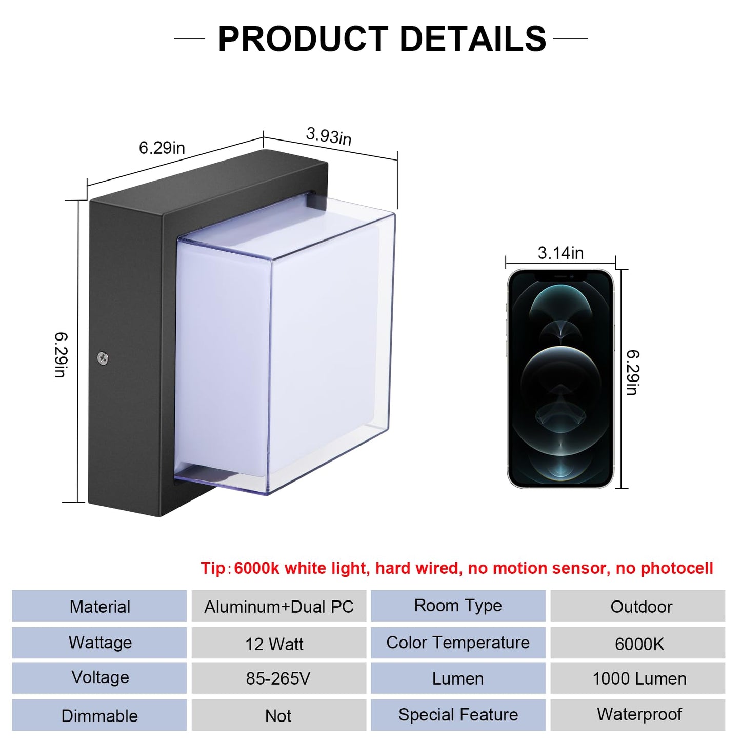 Tomourd Exterior Wall Lights  Modern Waterproof Outdoor Wall Mount Lighting  Black Square Small Led Porch Light With Anti-Rust 6000K Daylight 12W For Garage  Entryway House