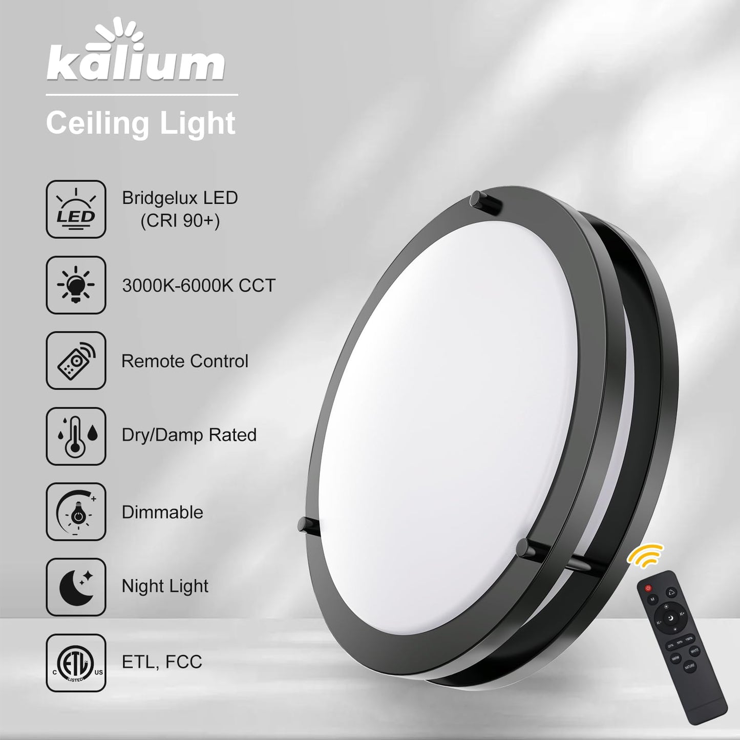 Kalium Led Ceiling Light Fixture, 16 Dimmable, Adjustable 3000K-6000K, Matte Black, Aluminum, Model Cl