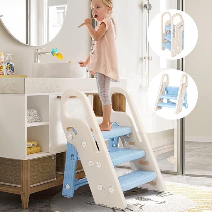 Onasti Foldable Toddler Step Stool for Bathroom Sink, Adjustable 3 Step Stool for Kids Toilet Potty Training Stool with Handles, Child Kitchen Counter Stool Helper, Plastic Ladder for Toddlers Blue