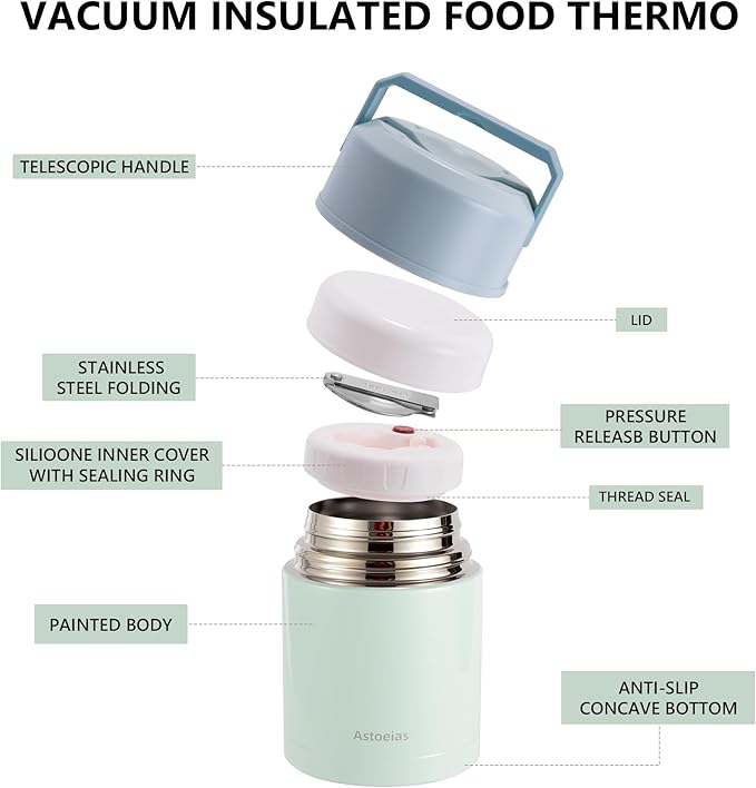 Insulated Thermo Soup Jar for Kids & Adults, 27 oz Stainless Steel Thermal Food Container with Spoon, Triple Layer Insulation (Blue)