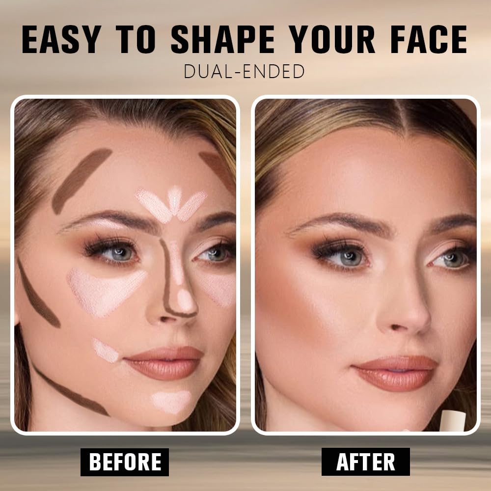 2Pcs 2in1 Cream Contour Highlighter Stick, Dual-Ended Highlighter Makeup Contour Stick, Contour Stick Dual Ended For Face Body Makeup,Long Lasting Waterproof for All Skin Tones (01+03)