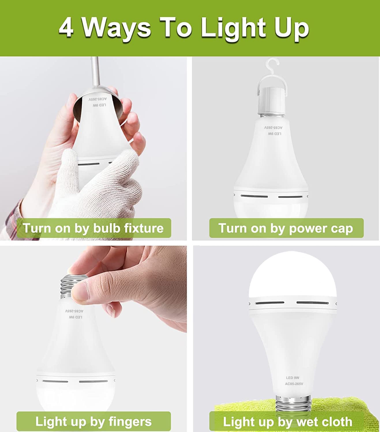 Furoching A19 Emergency Rechargeable LED Light Bulb, 9W 6000K, E26 Base, 4-Pack for Home and Camping