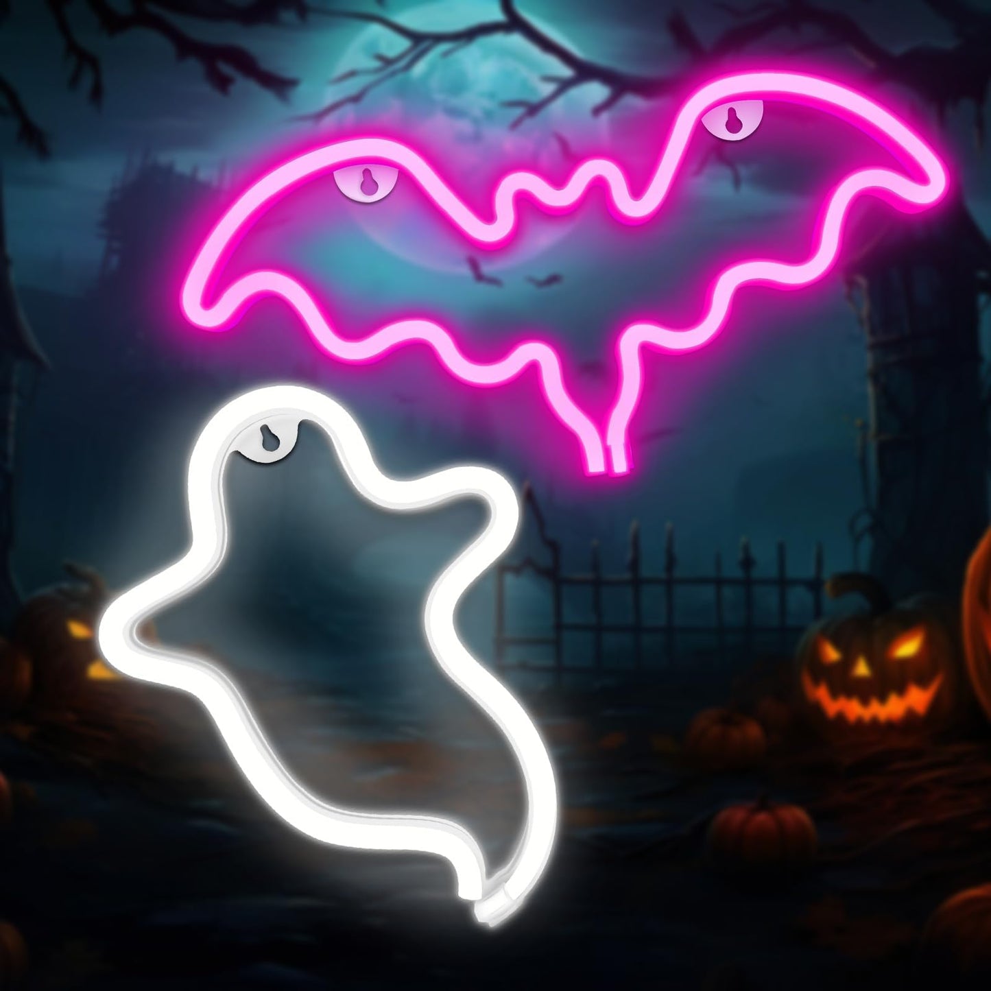 Innovtools 2 Pack Halloween Neon Sign  White Ghost And Pink Bat Neon Lights For Wall Decor  Usb Or Battery Powered Led Halloween Decorations Light Up Sign For Bedroom Window Party Kids Gift