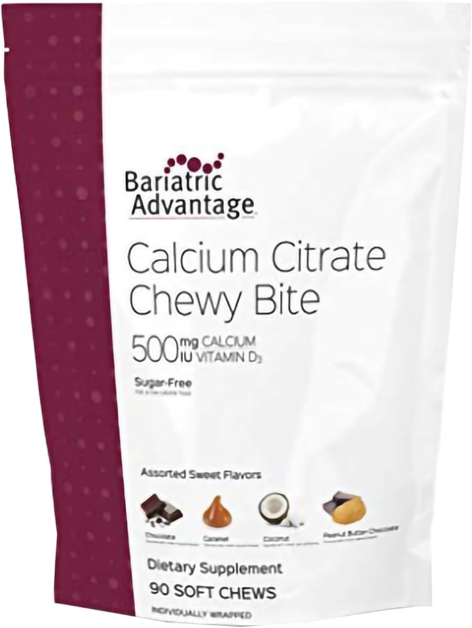 Bariatric Advantage Calcium Citrate Chewy Bites 500 mg - for Bariatric Surgery Patients - Vitamin D3 - Sugar-Free Chewable Calcium Supplement - Bariatric Chews - Assorted Sweet Flavor - 90 Count