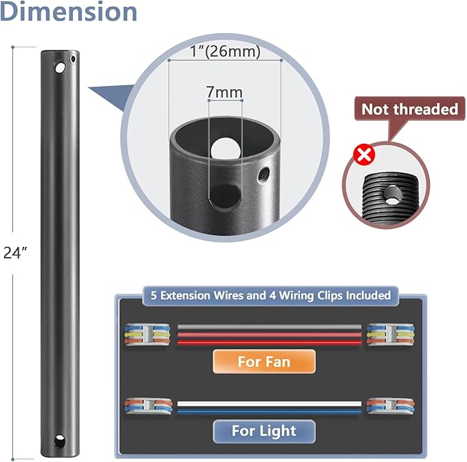 24" Ceiling Fan Downrod, 【1 Outside Diameter】 Black Extended Downrod, including 4 Wire Connectors and 5 Extension Wires (No Threads)