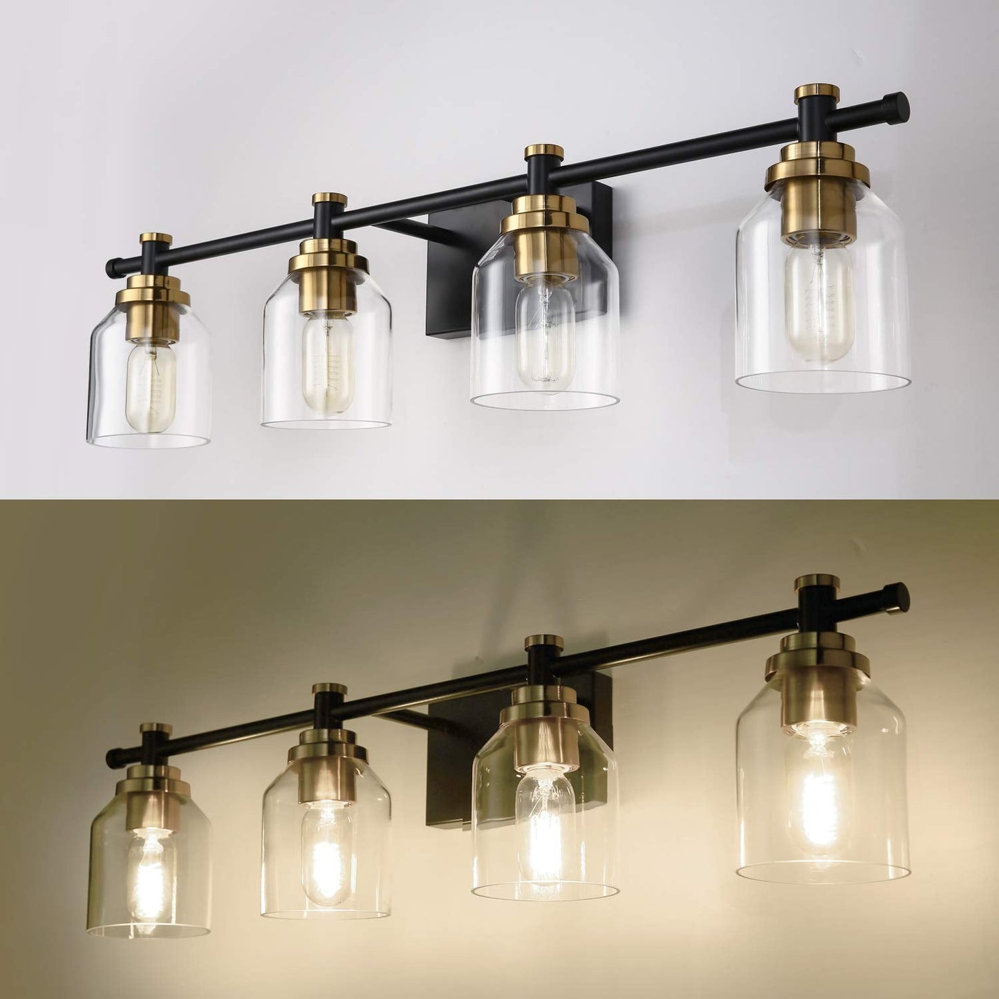 SOLFART Vintage Vanity Light Fixture, 4 Lights, Clear Glass & Black Brass, Model 7900-4T