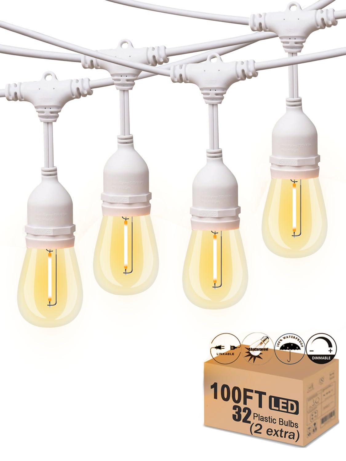 Meidaoduo Outdoor String Lights LED 100FT White 32 Dimmable Shatterproof Bulbs PVC Waterproof Patio Lighting MDDUS10030-TS20W0-S14