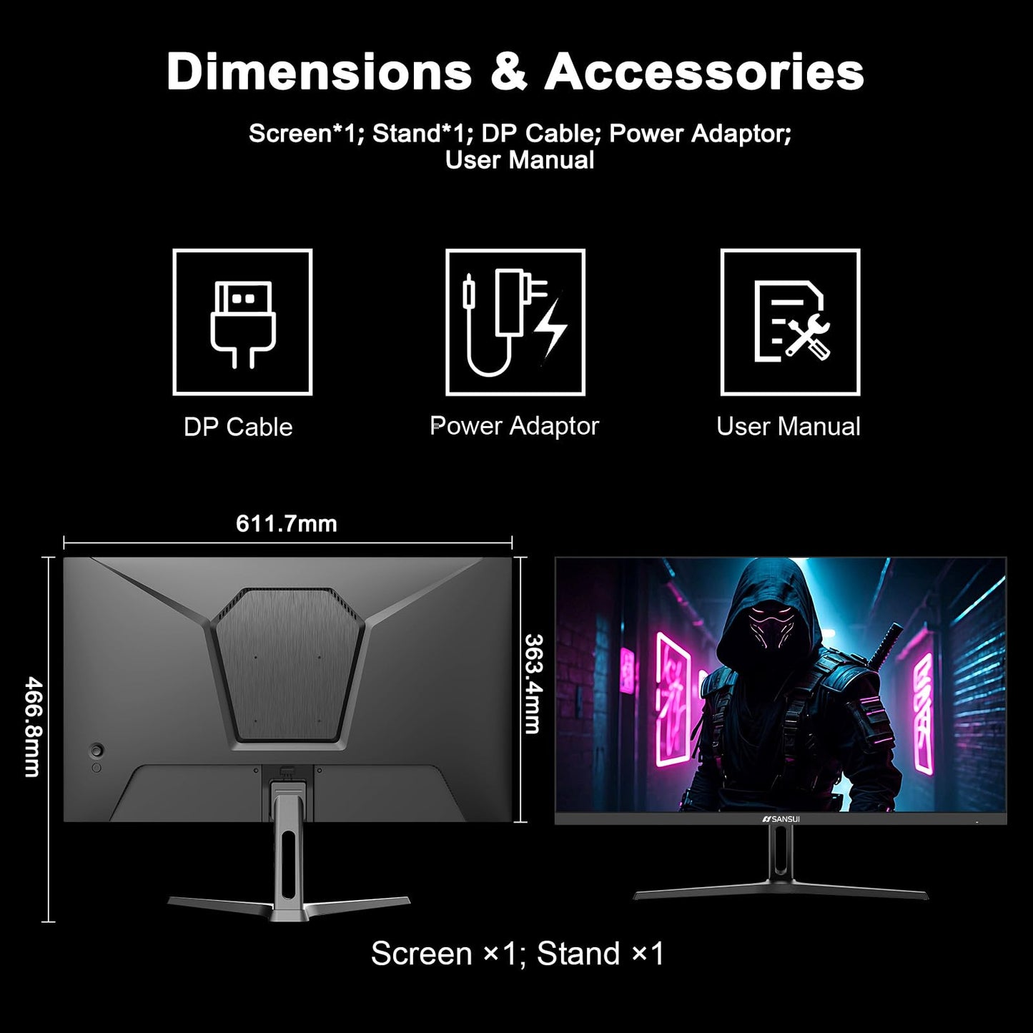 SANSUI 27 Inch WQHD 2560 x 1440 IPS Gaming Monitor, 180Hz 1ms Computer Monitor, DP 1.2 x2 | HDMI 2.0 x2 | VESA Mount, 120% sRGB HDR Eye Care Metal Stand (DP Cable Included)