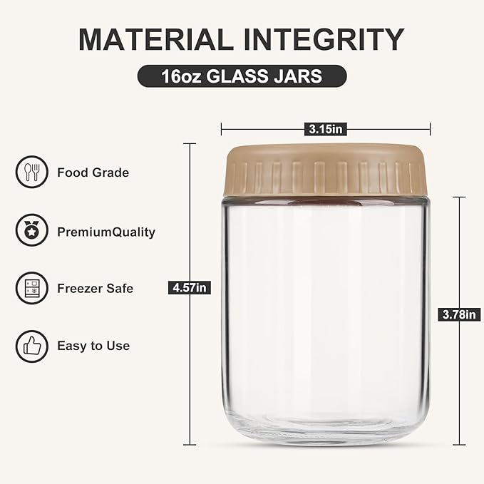 Overnight Oats Containers with Lids, 16oz Glass Jars with Lids 2 pcs, Taffy, Wide Mouth Mason jars for Salad, Yogurt, Snacks, Meal Prep