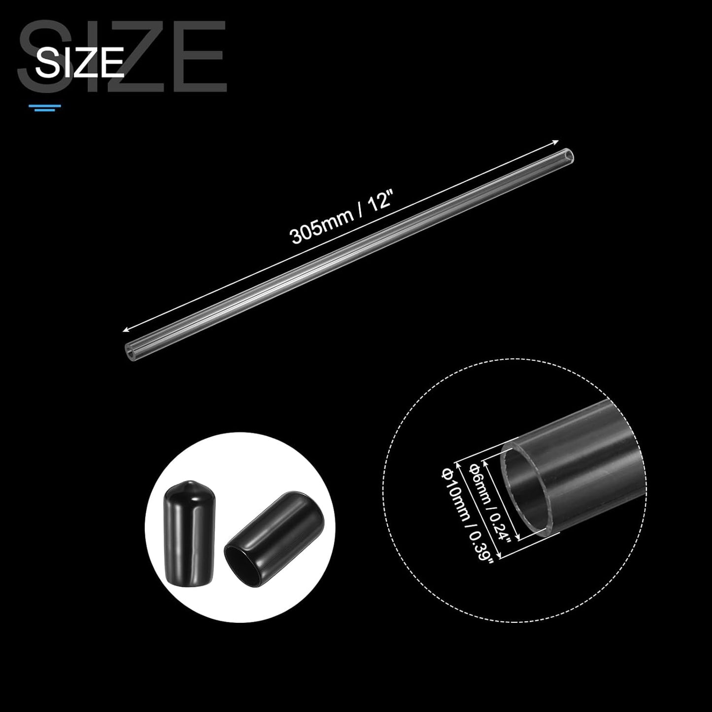PATIKIL Clear Rigid Tube Round Plastic Tubing with Black Rubber Caps Polycarbonate Water Pipe, 305mm/ 12 Inch Length, 6mmx10mm/0.24"x0.39", 2 Set